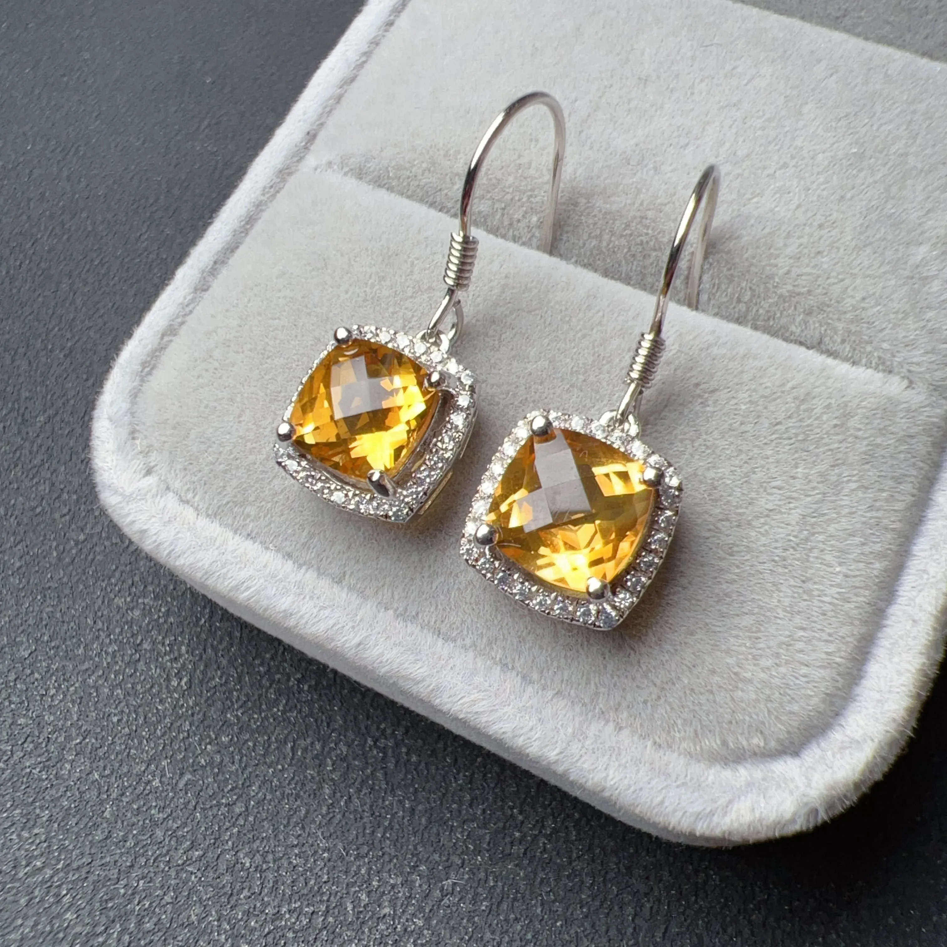 Top-grade Square Cut Citrine Earring Hocks Handmade with 925 Sterling Silver & CZ Stones | One of a Kind Fashion Jewelry