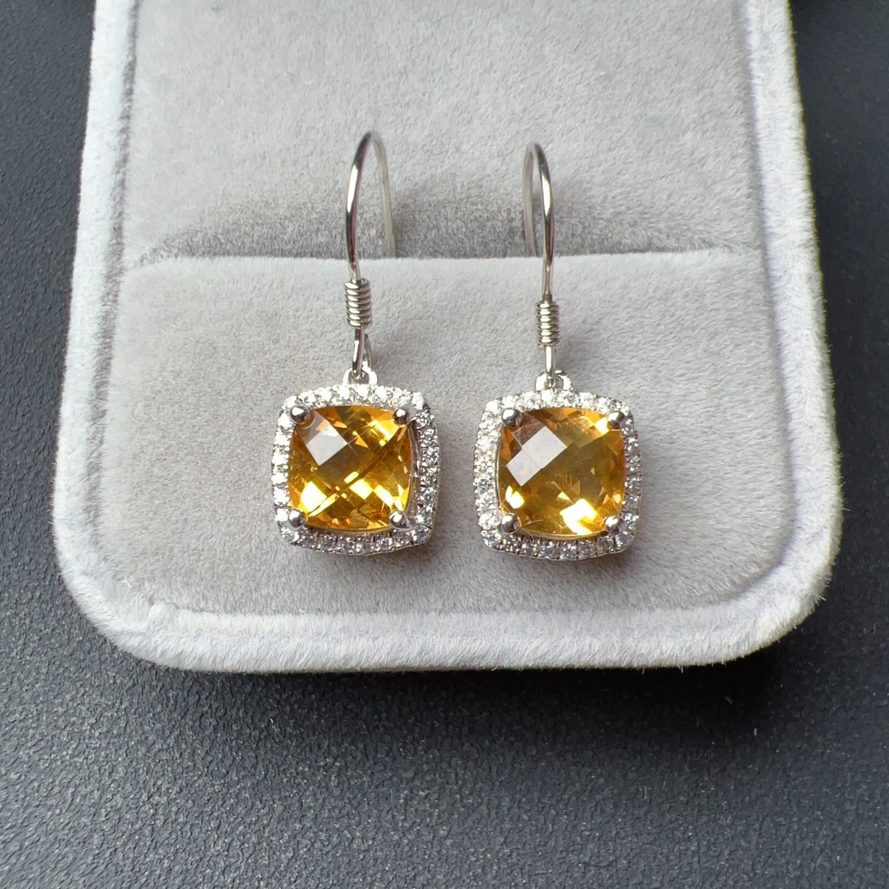 Top-grade Square Cut Citrine Earring Hocks Handmade with 925 Sterling Silver & CZ Stones | One of a Kind Fashion Jewelry