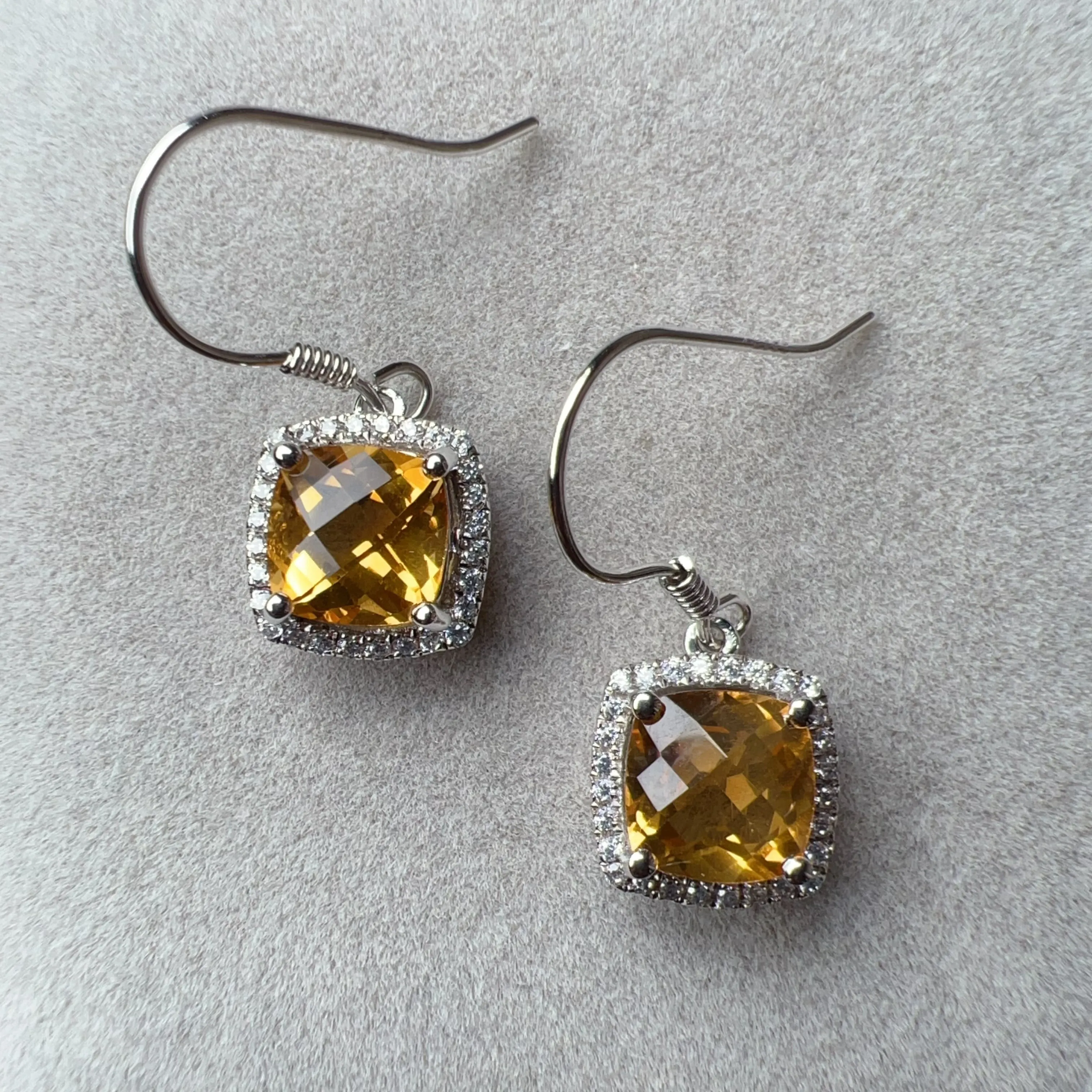 Top-grade Square Cut Citrine Earring Hocks Handmade with 925 Sterling Silver & CZ Stones | One of a Kind Fashion Jewelry