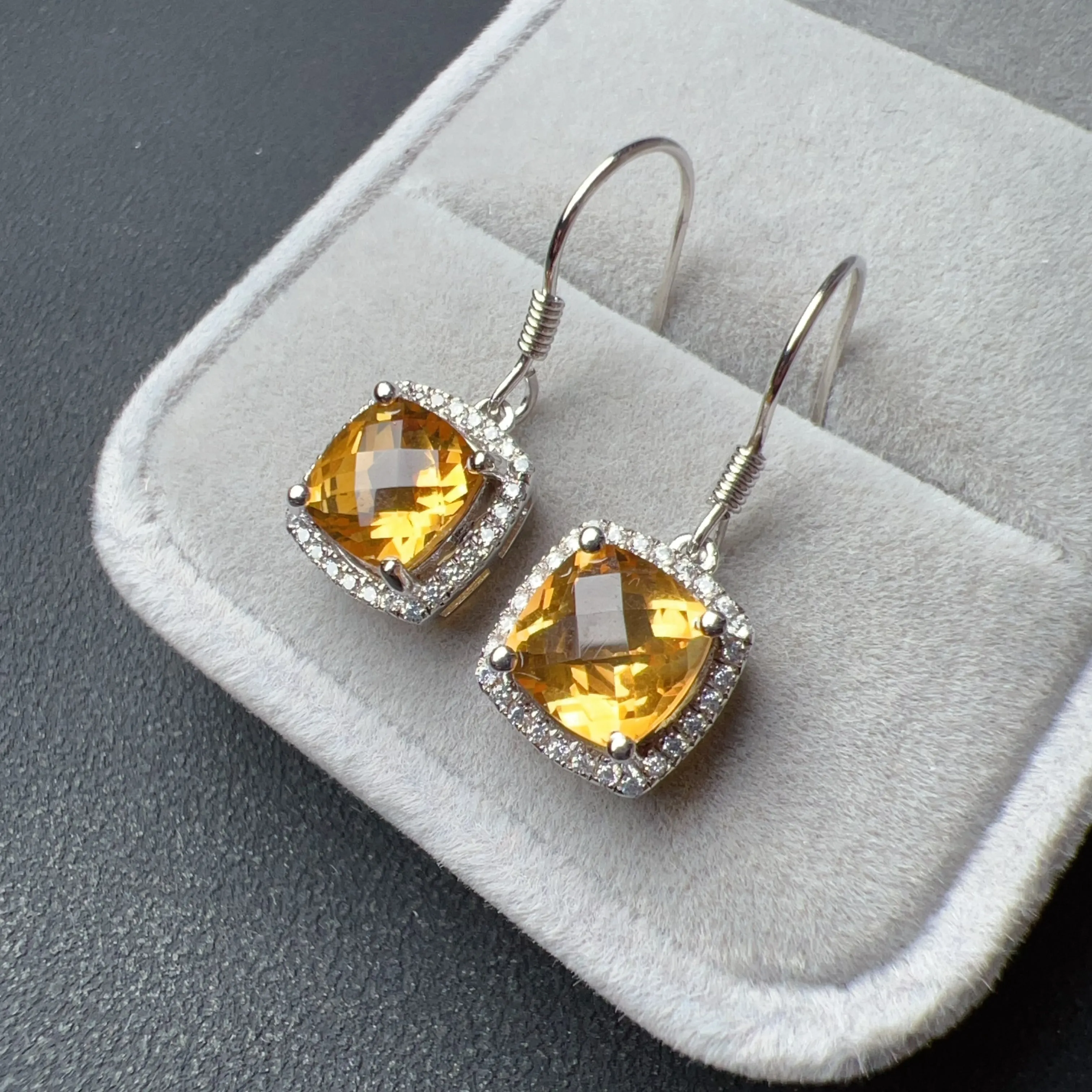 Top-grade Square Cut Citrine Earring Hocks Handmade with 925 Sterling Silver & CZ Stones | One of a Kind Fashion Jewelry