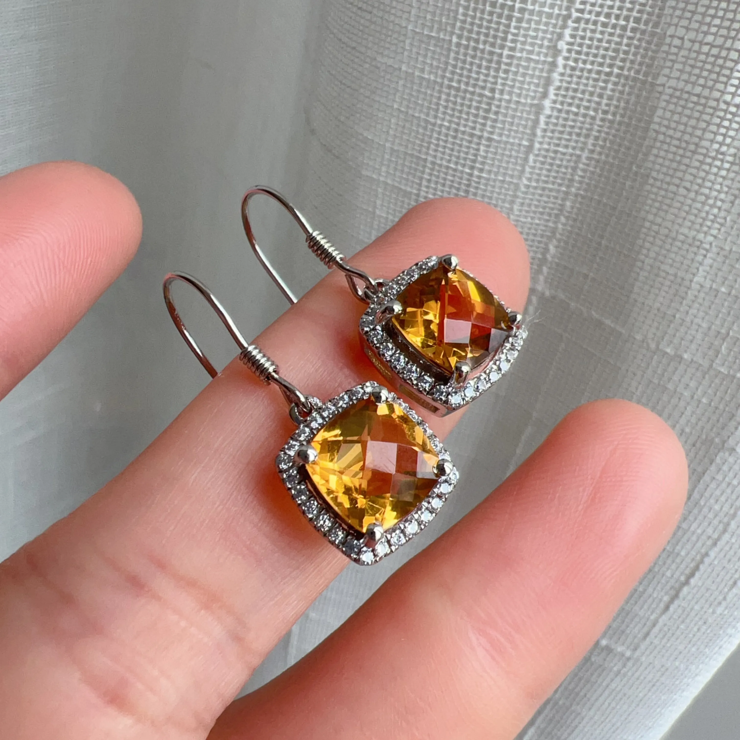 Top-grade Square Cut Citrine Earring Hocks Handmade with 925 Sterling Silver & CZ Stones | One of a Kind Fashion Jewelry