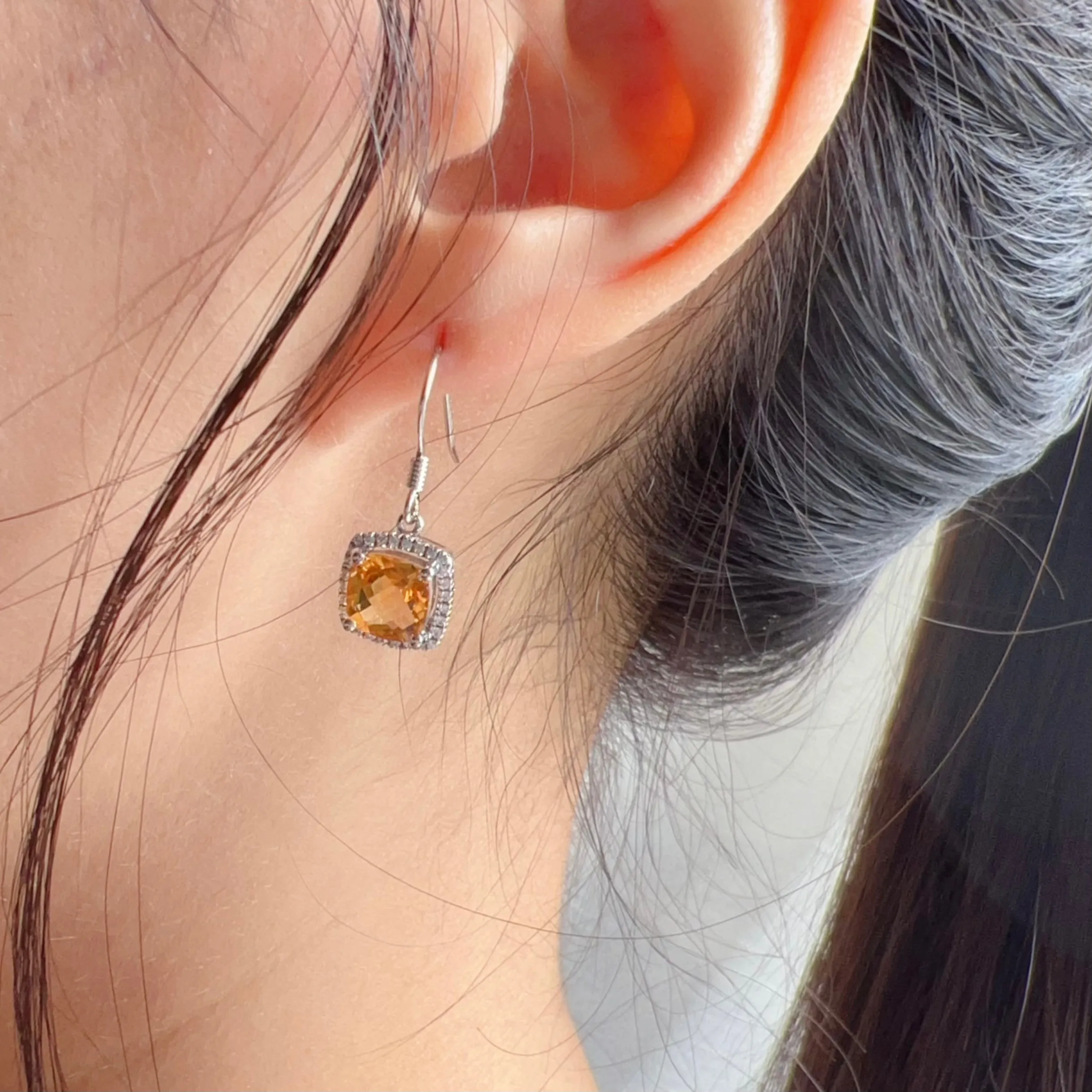 Top-grade Square Cut Citrine Earring Hocks Handmade with 925 Sterling Silver & CZ Stones | One of a Kind Fashion Jewelry