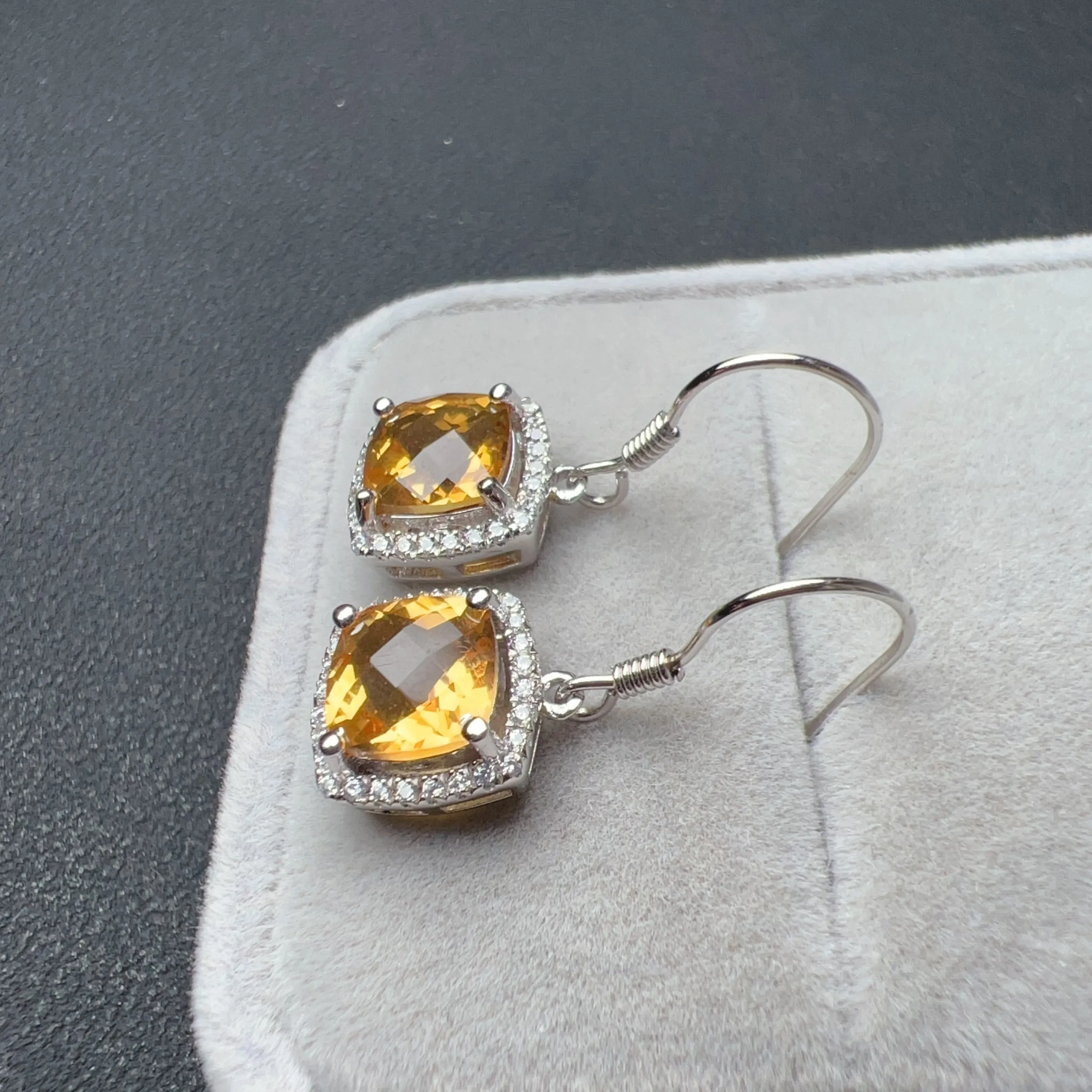 Top-grade Square Cut Citrine Earring Hocks Handmade with 925 Sterling Silver & CZ Stones | One of a Kind Fashion Jewelry