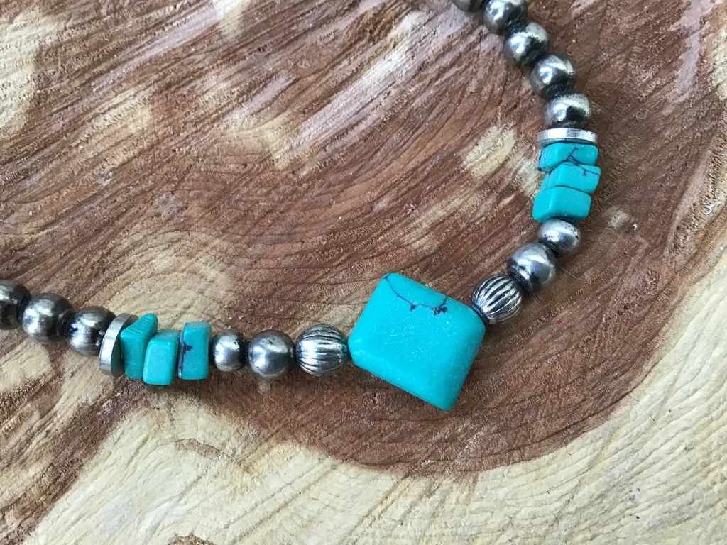 Turquoise & Navajo Style Pearl Choker Necklace