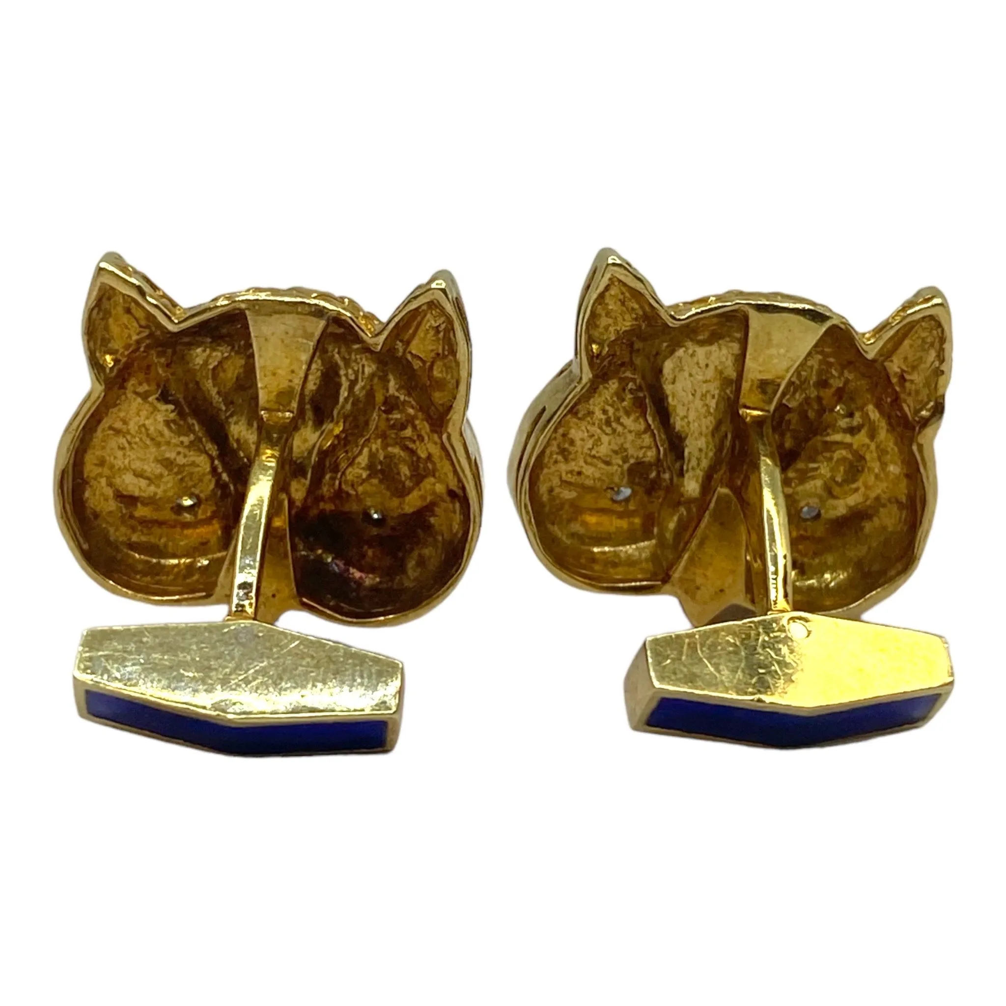 Vintage 18K Gold Diamond and Enamel Owl Figural Cuff Links