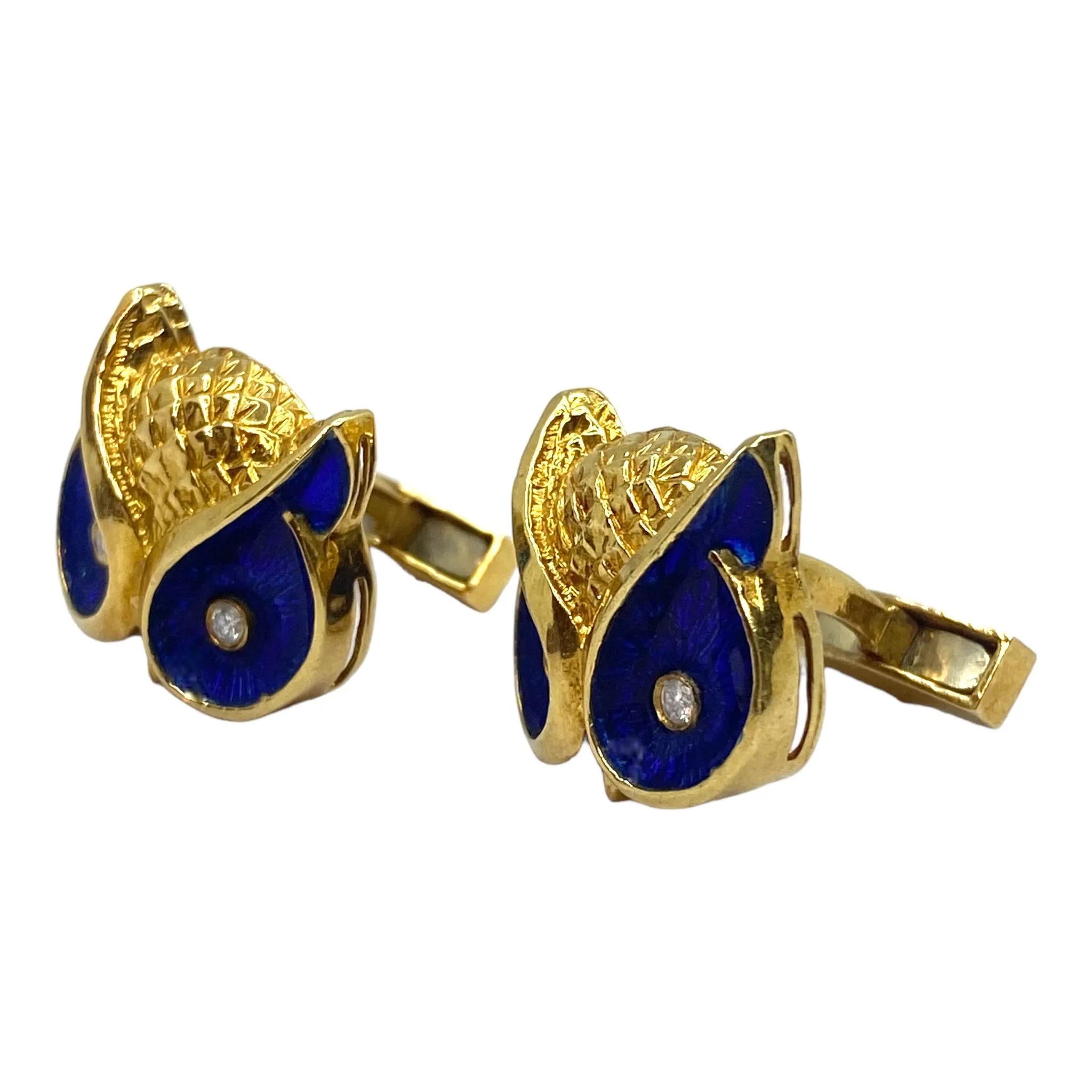 Vintage 18K Gold Diamond and Enamel Owl Figural Cuff Links