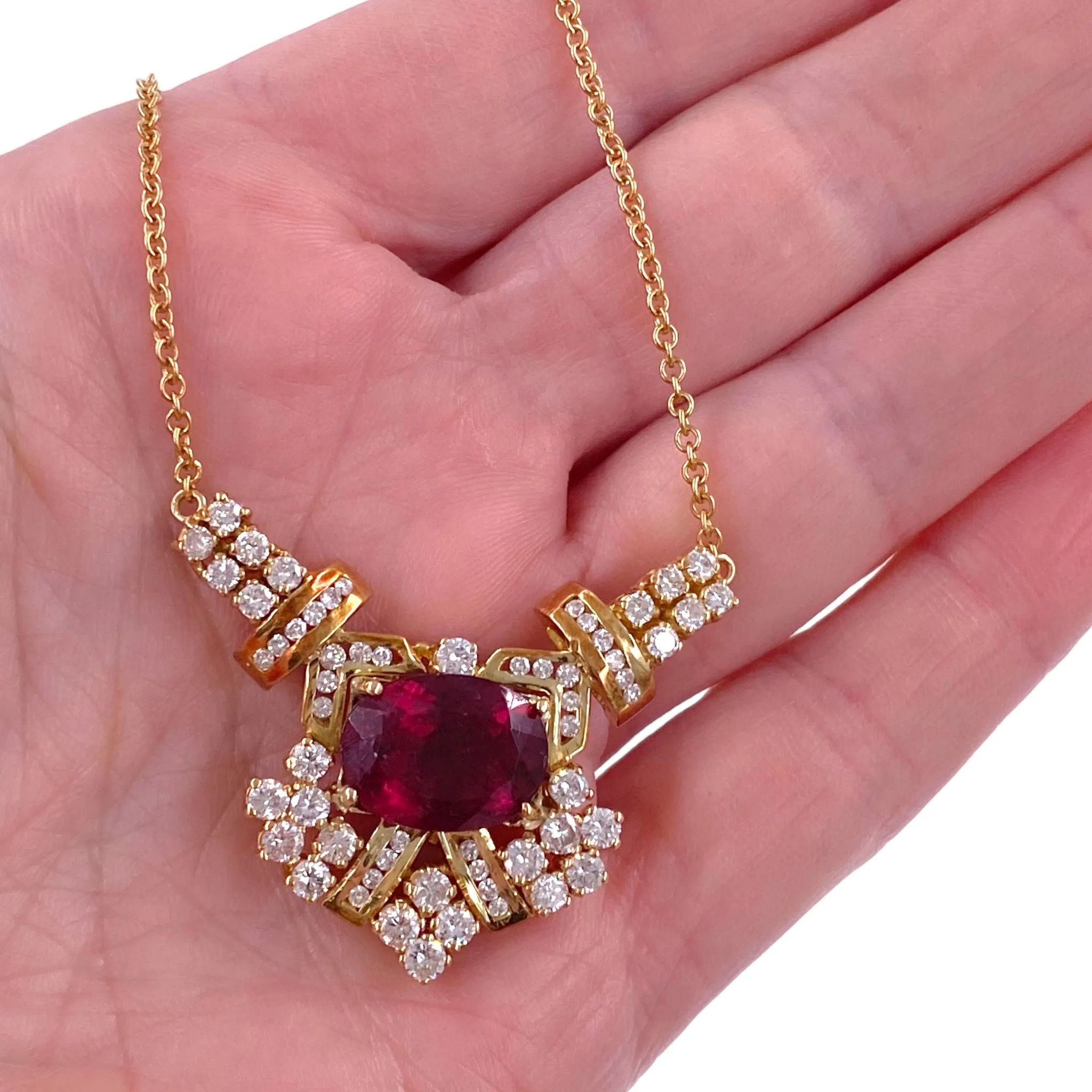 Vintage 18K Gold Rubellite Tourmaline & Diamond Necklace