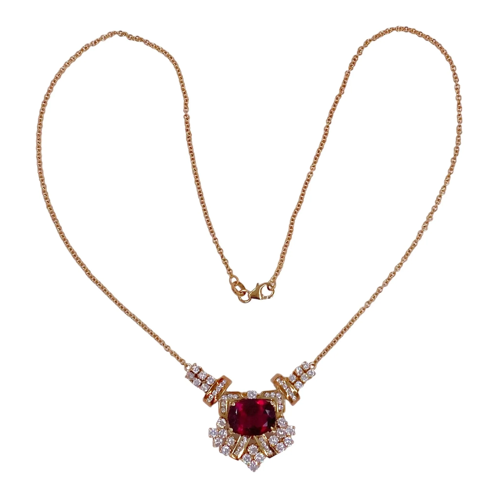 Vintage 18K Gold Rubellite Tourmaline & Diamond Necklace