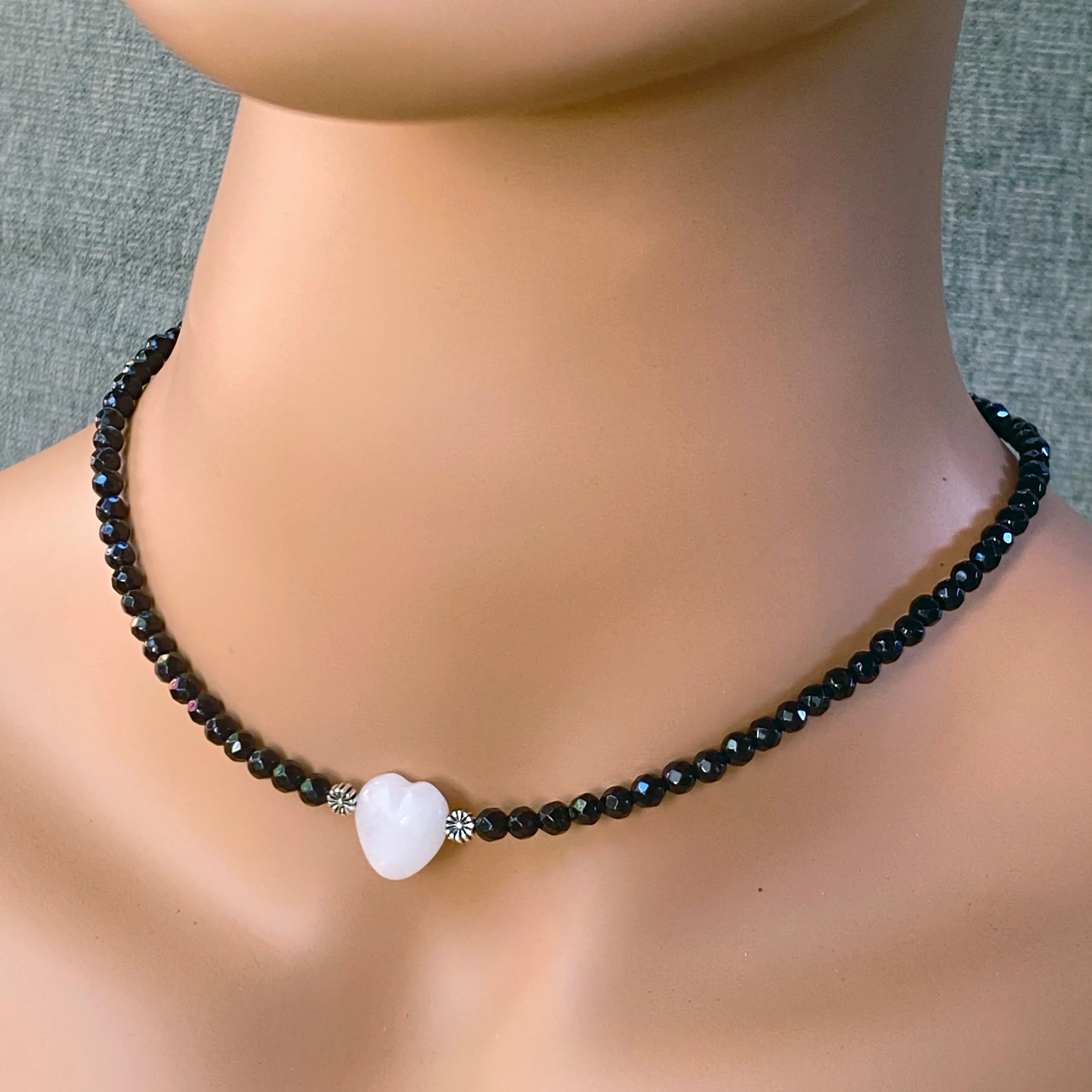 White Jade Heart, Faceted Onyx, and Sterling Silver Choker